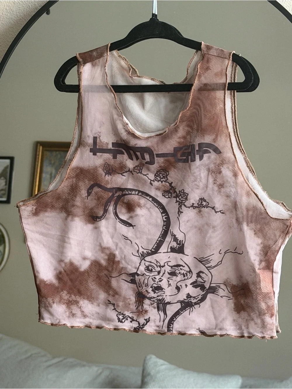 Brown Tie Dye Graphic Mesh Crop Tank